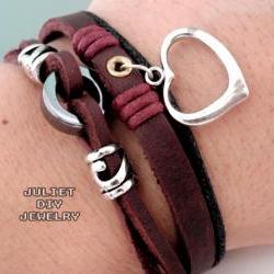 Silver heart charm leather bracelet 